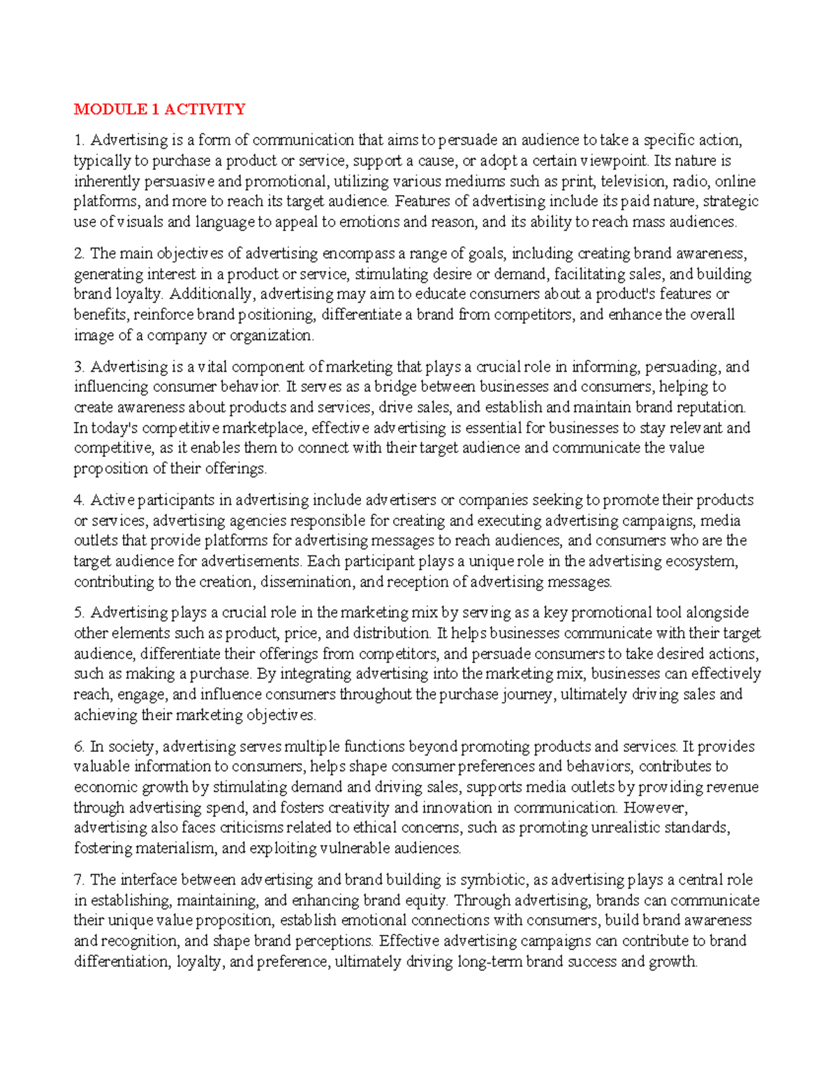 Module 1 Activity Advertising - MODULE 1 ACTIVITY Advertising is a form ...