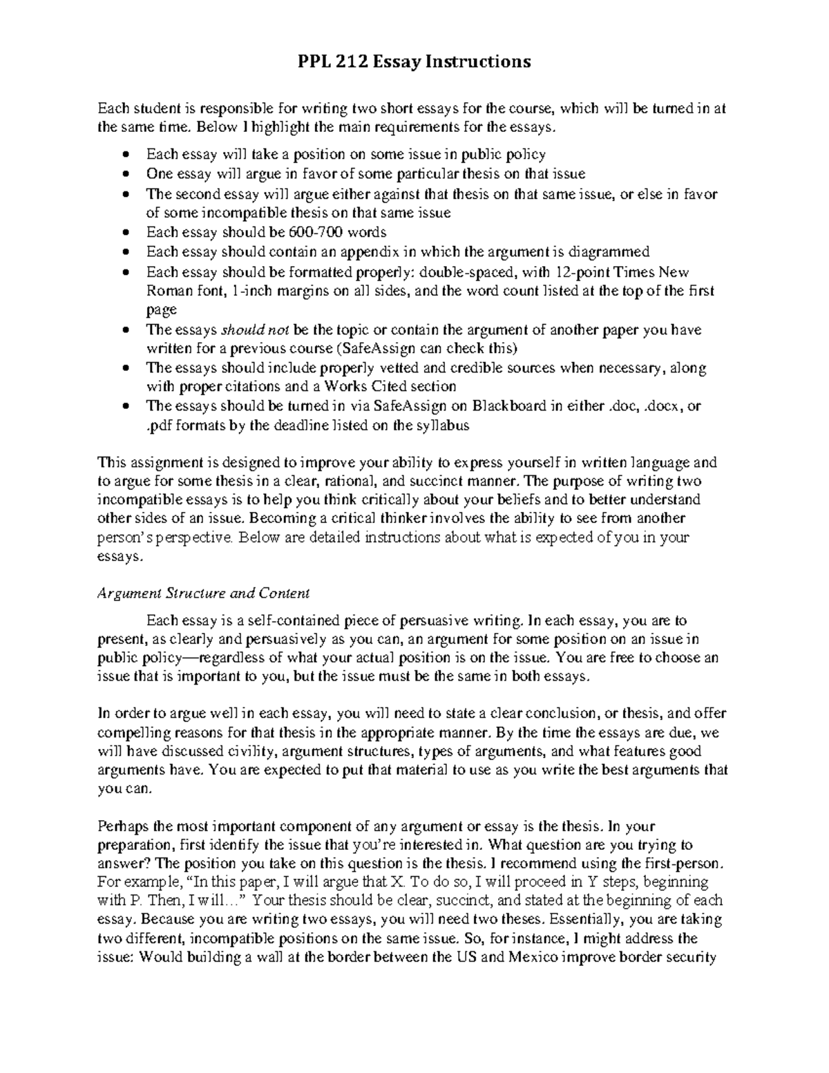 Essay Instructions - PPL 212 Essay Instructions Each student is ...