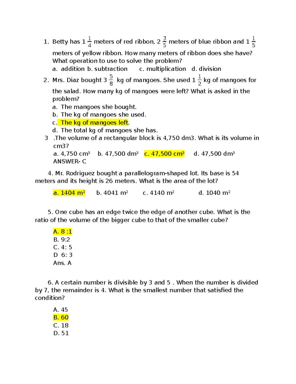 MATH Olympics- Grade 5 - Betty has 1 1 4 meters of red ribbon, 2 3 5 ...