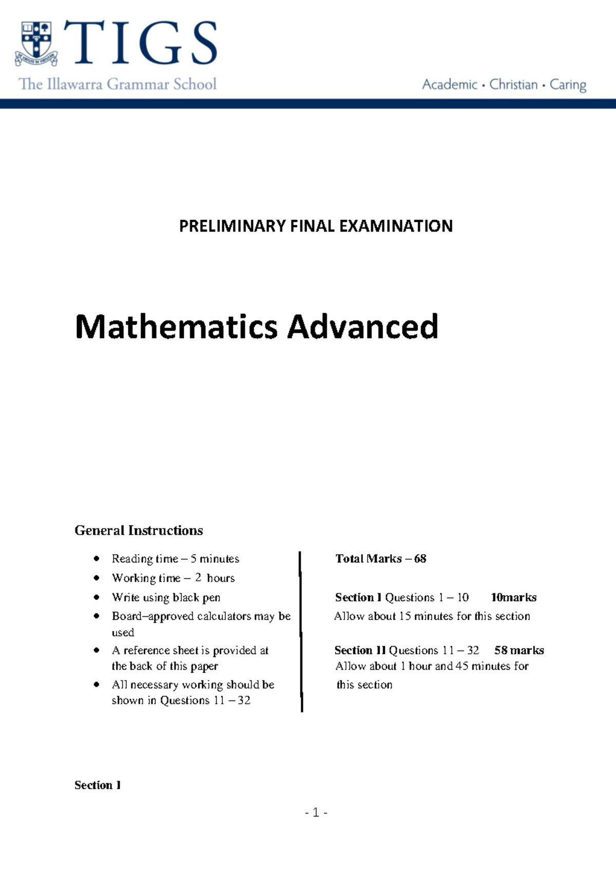 Adv Maths (TIGS) Prelim Yearly exam - Ass 3 - PRELIMINARY FINAL ...