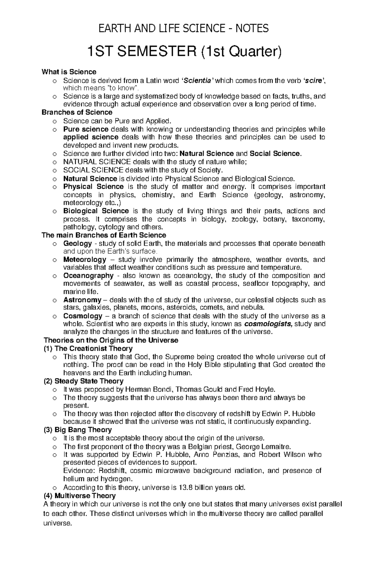 Earth AND LIFE Science Notes - 1ST SEMESTER (1st Quarter) What is ...