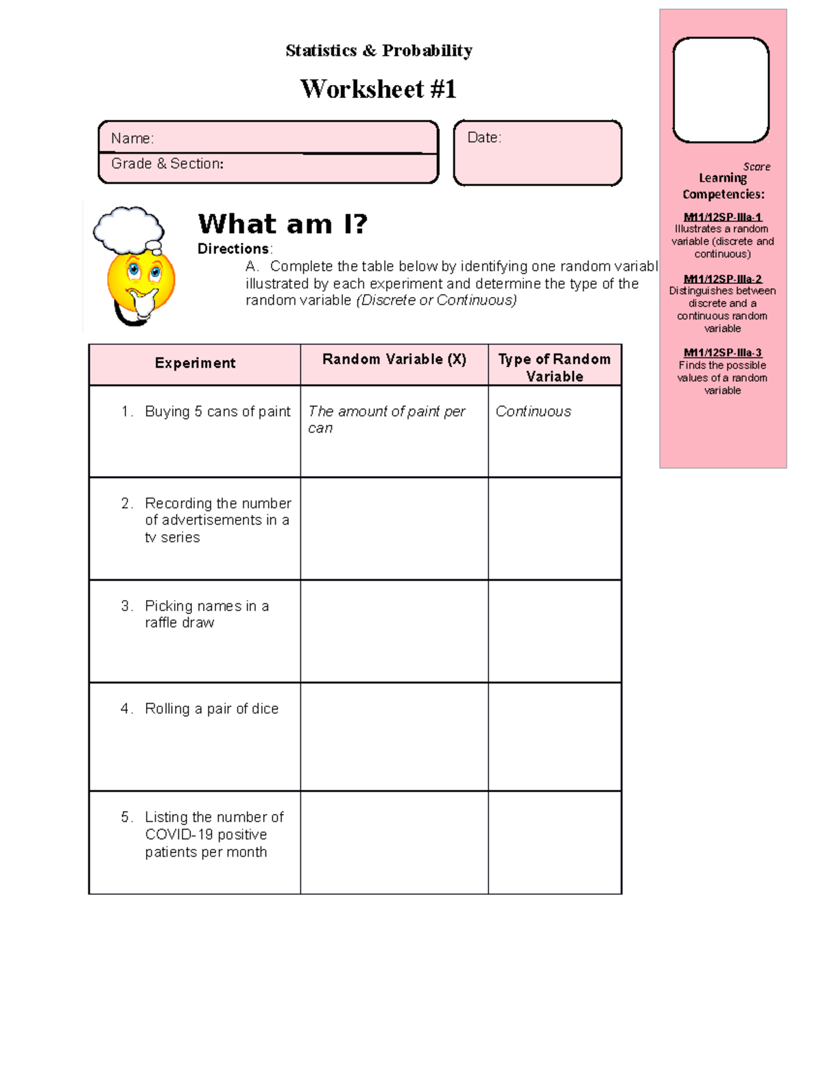 Statistics and Probability Worksheet - Statistics & Probability ...