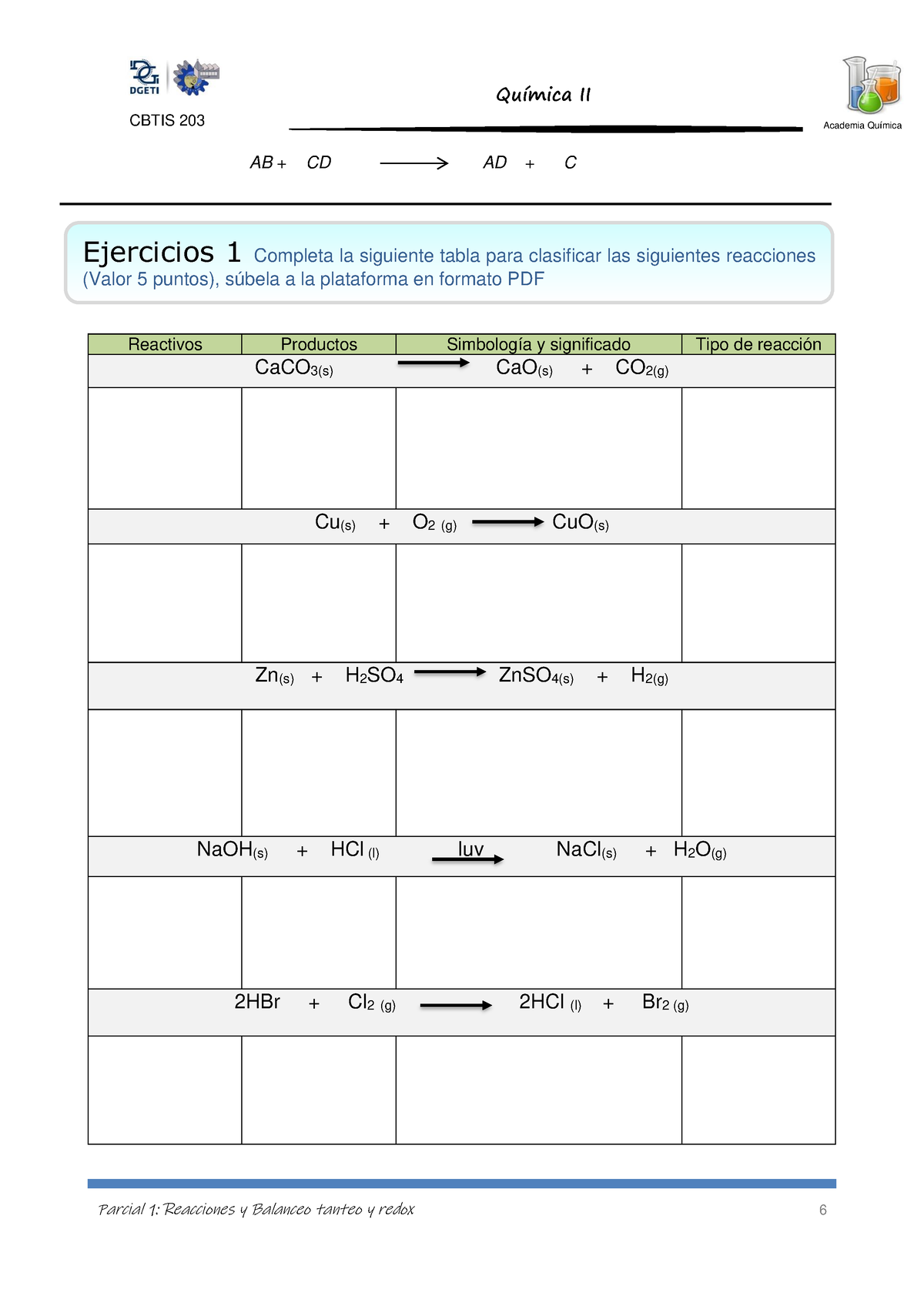 Ejercicios Tipos De Reacciones - CBTIS 203 QuÌmica II Academia Química ...