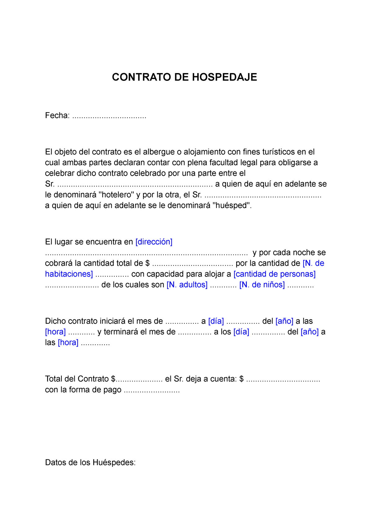 Contrato De Hospedaje Contrato De Hospedaje Fecha El Objeto 9843