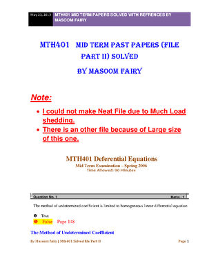 MTH401 Midterm Solved MCQS By Junaid - MTH401- DIFFERENSIAL EQUATION ...