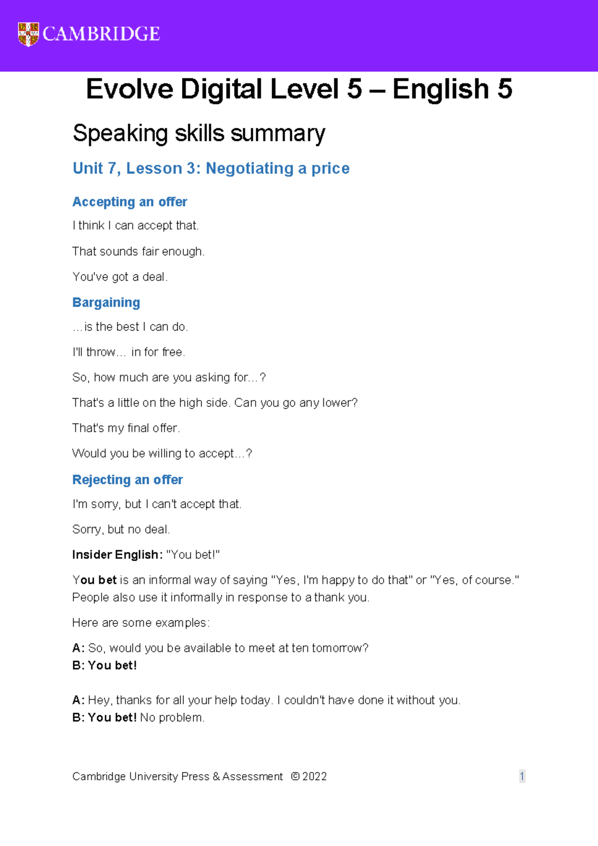 Unit 7 - E5 - Speaking skills - Cambridge University Press & Assessment ...