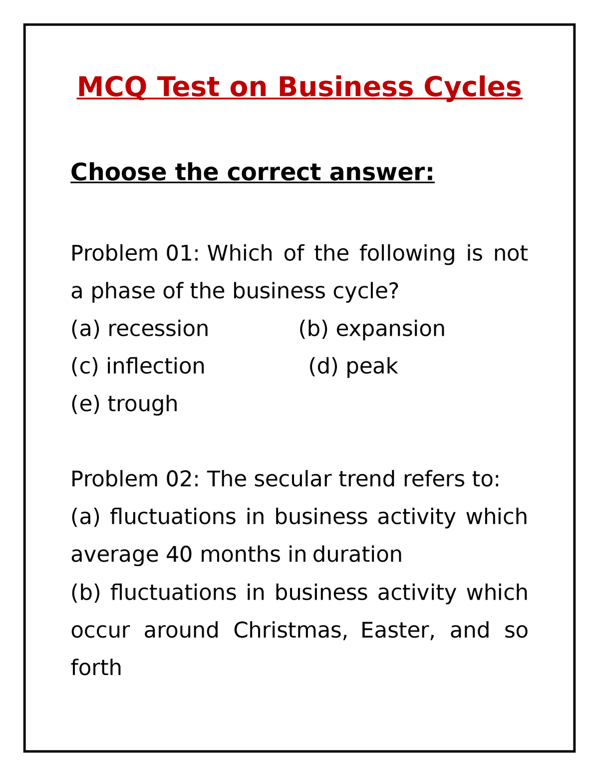 mcq for business plan