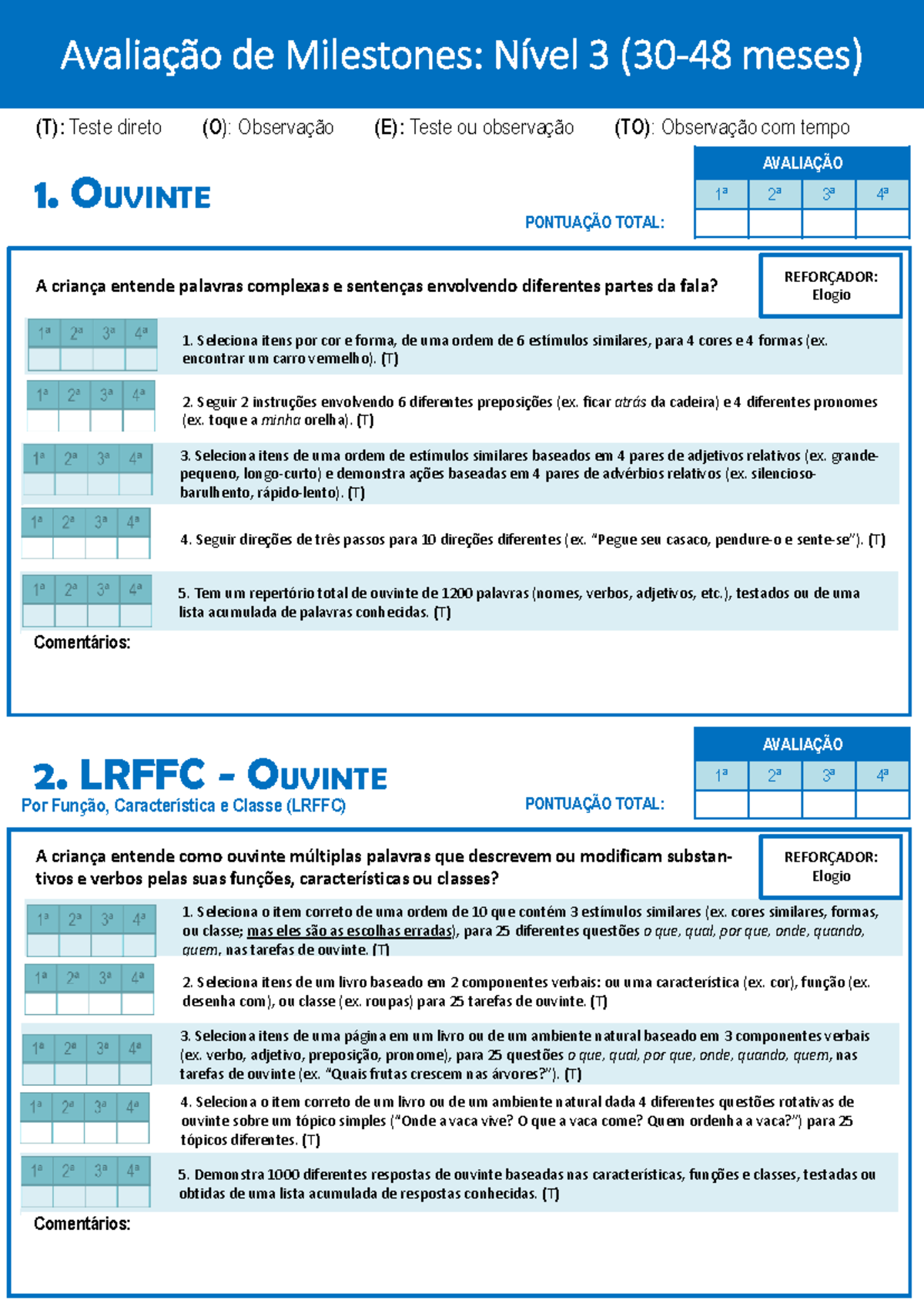 VB MAPP - Nível 3 - VB MAPP - (T): Teste direto (O): Observação (E ...