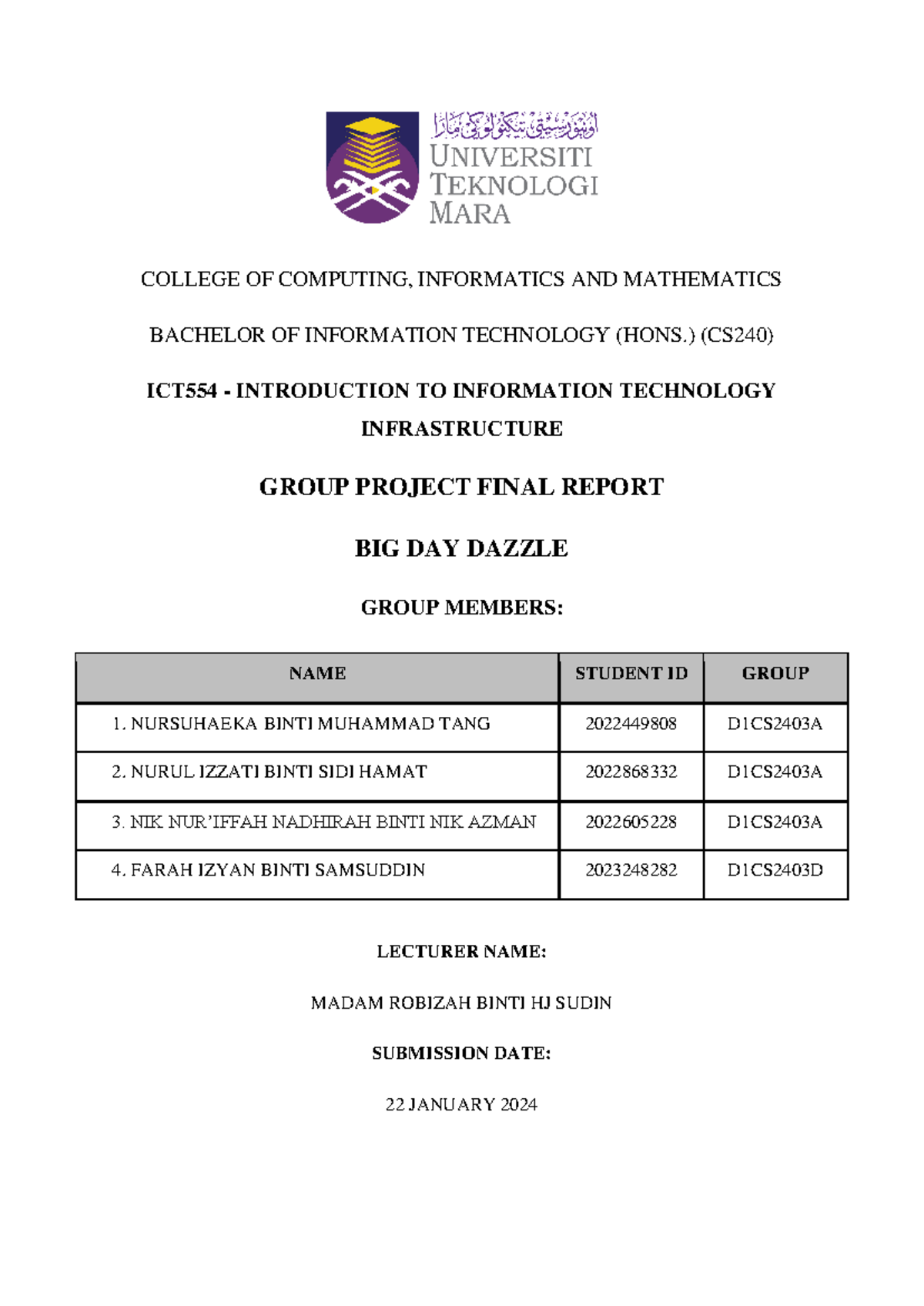 Final Report - Group 6 - assignment - COLLEGE OF COMPUTING, INFORMATICS ...