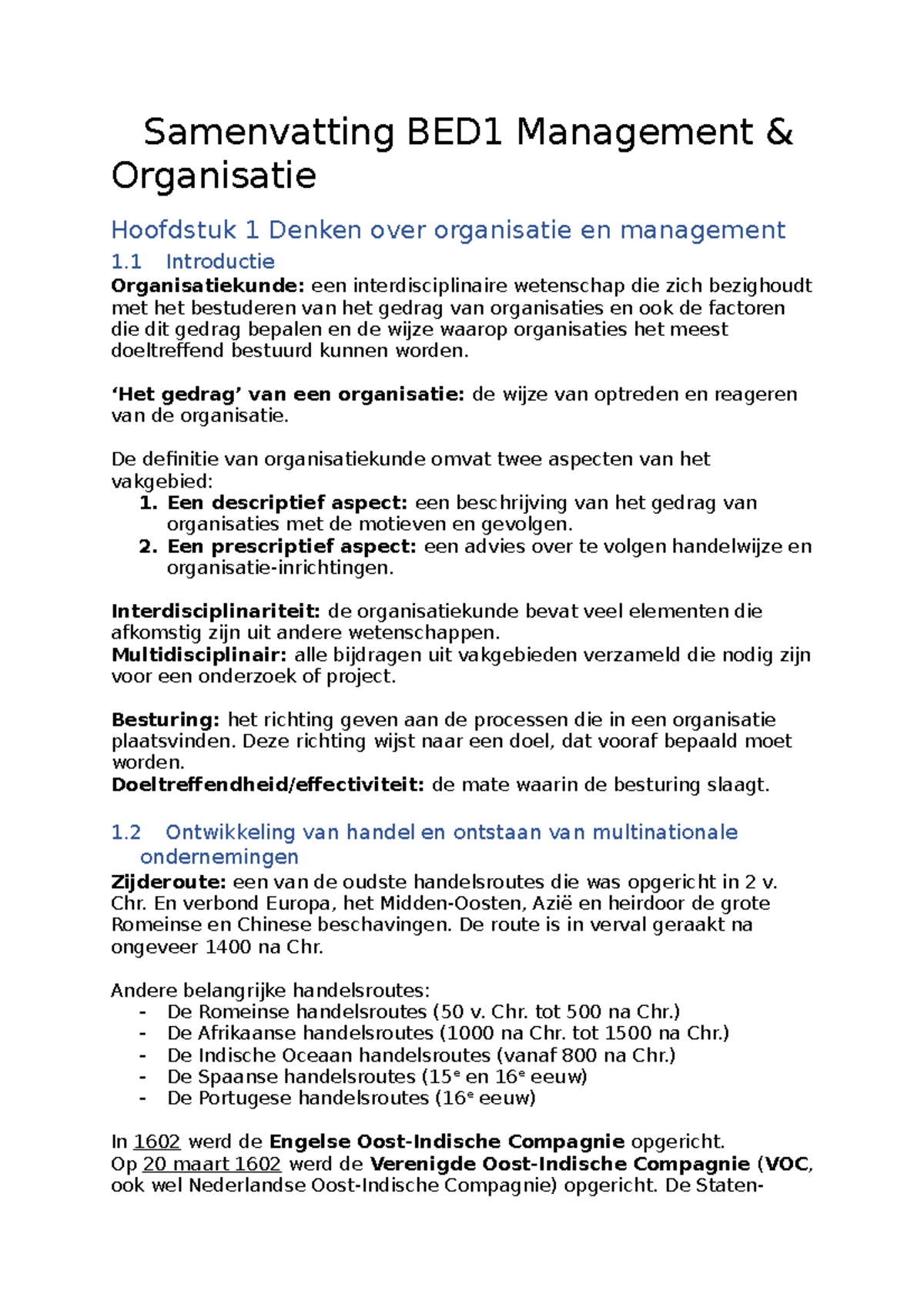 Samenvatting BED1 H1 - Samenvatting BED1 Management & Organisatie ...