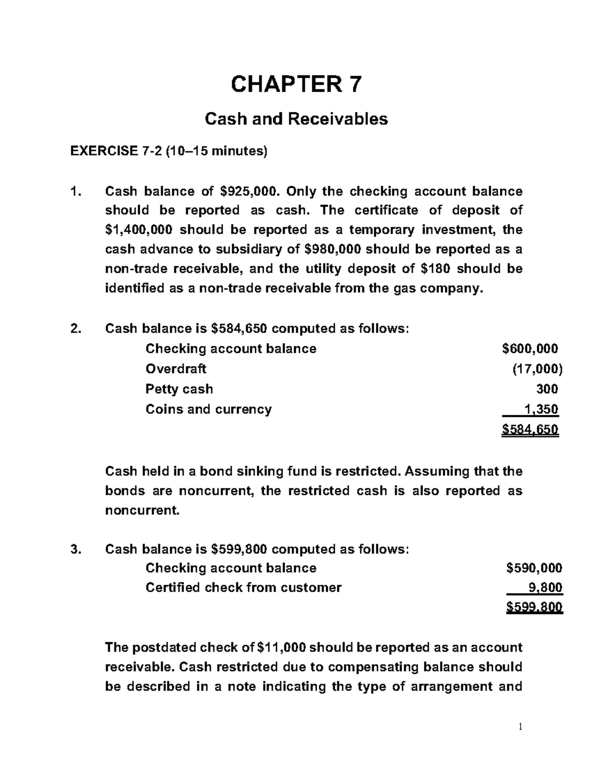 Ch07 Cash and Receivables CHAPTER 7 Cash and Receivables EXERCISE 72