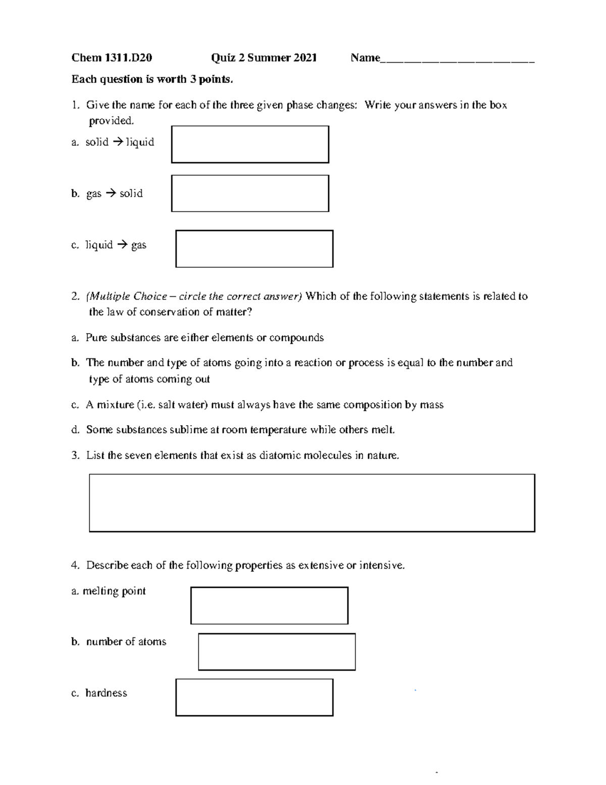 Quiz 2 - Take home quiz for summer chemistry - Chem 1311 Quiz 2 Summer ...