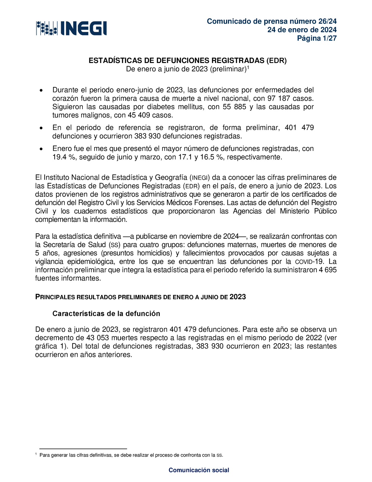 EDR2023 En-Jn - Mortalidad 2023 Inegi - 24 De Enero De 2024 Página 1 ...