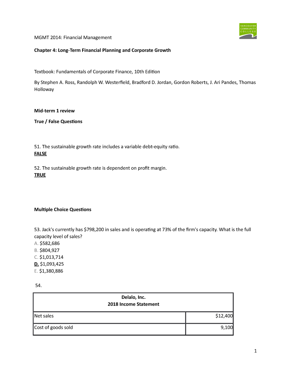 Fin Ch4 Questions 2 C4 Q2 Chapter 4 Long Term Financial Planning And Corporate Growth Studocu