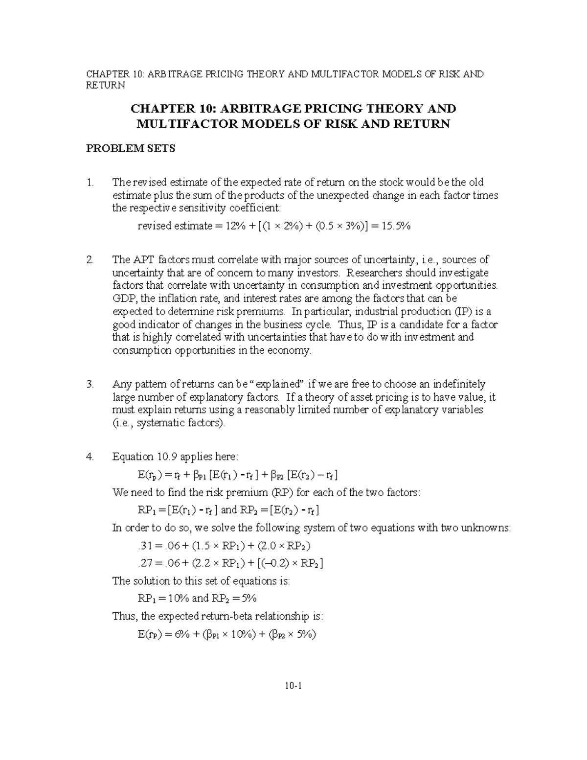 Chap010 - ádasd - RETURN CHAPTER 10: ARBITRAGE PRICING THEORY AND ...