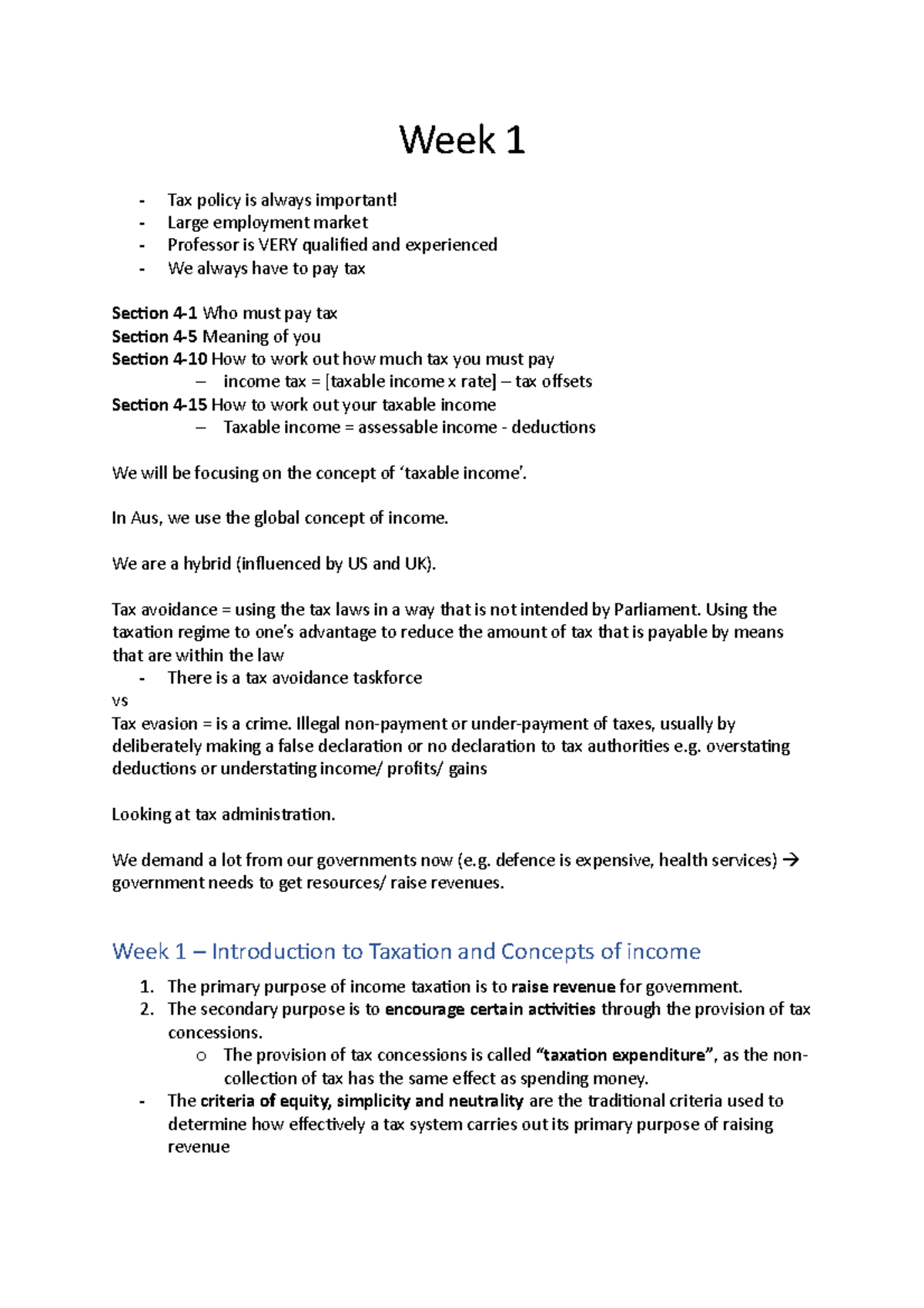 LAWS4221 Week 1 Lecture Notes - Week 1 Tax policy is always important ...