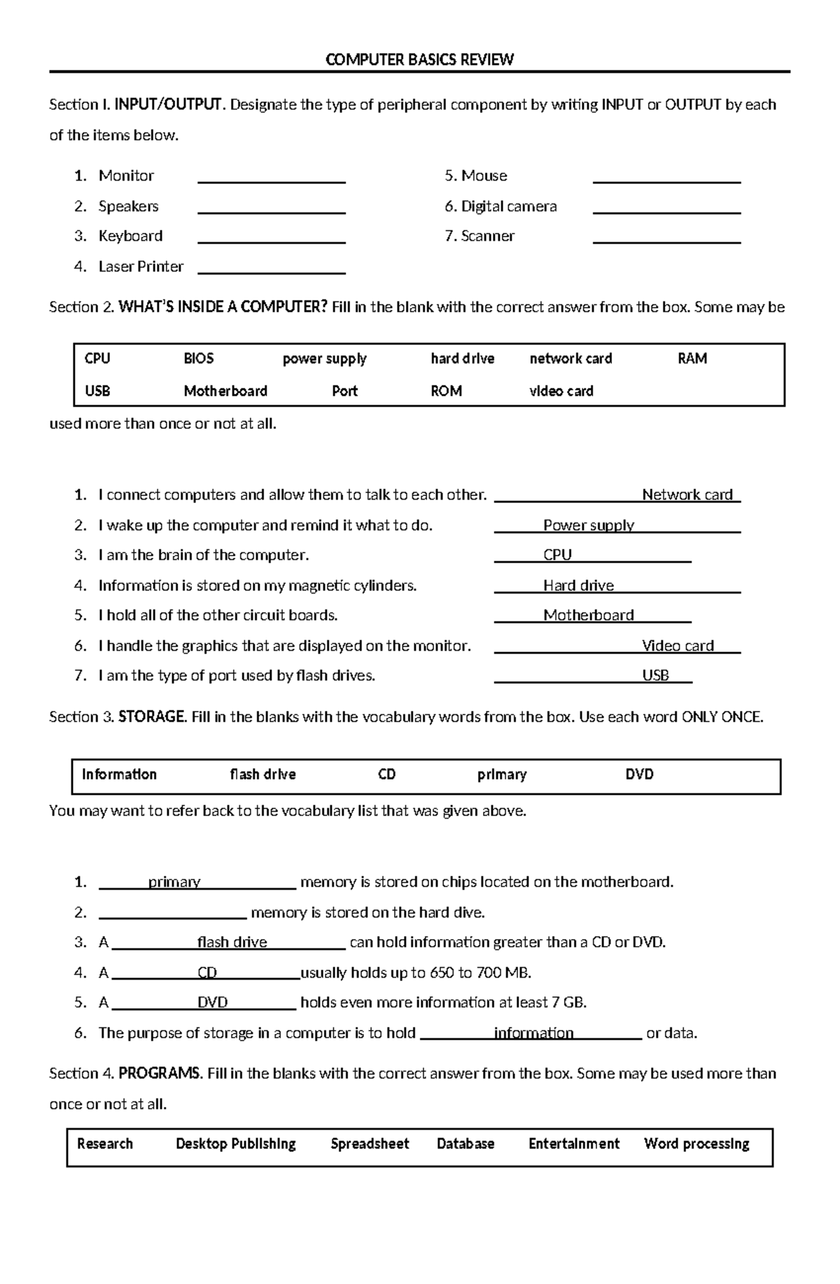 Computer Basics Worksheet G9 - COMPUTER BASICS REVIEW Section I. INPUT ...
