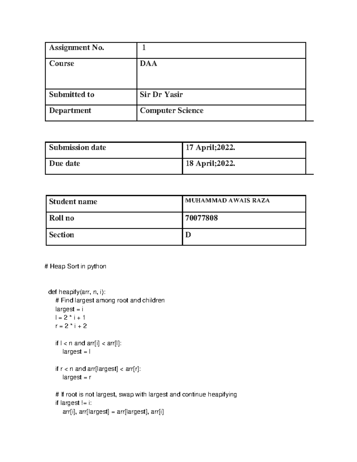 DAA Assignment 1 - Desgin and analysis of algorithms - Assignment No. 1 ...