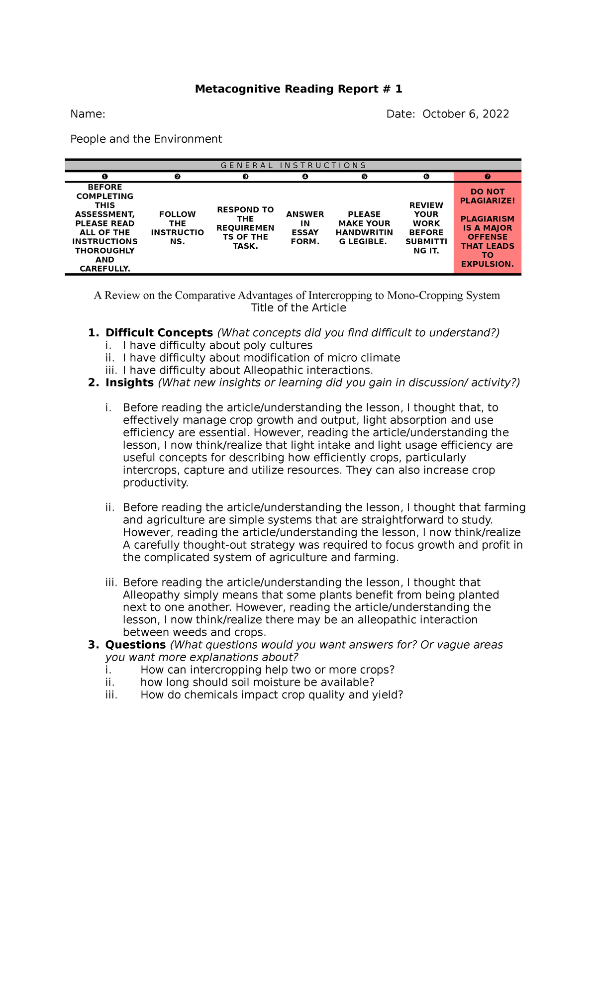 assignment 2 metacognitive reading report