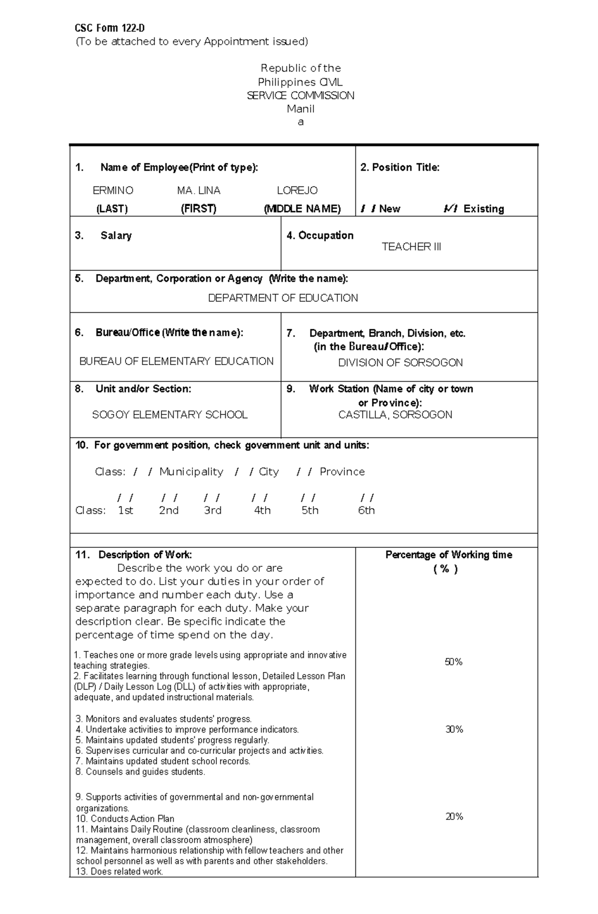 Cs form 122d position description form - CSC Form 122-D (To be attached ...