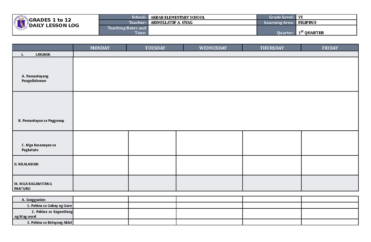 DLL Filipino 6 Q1 b LANK - none - GRADES 1 to 12 DAILY LESSON LOG ...