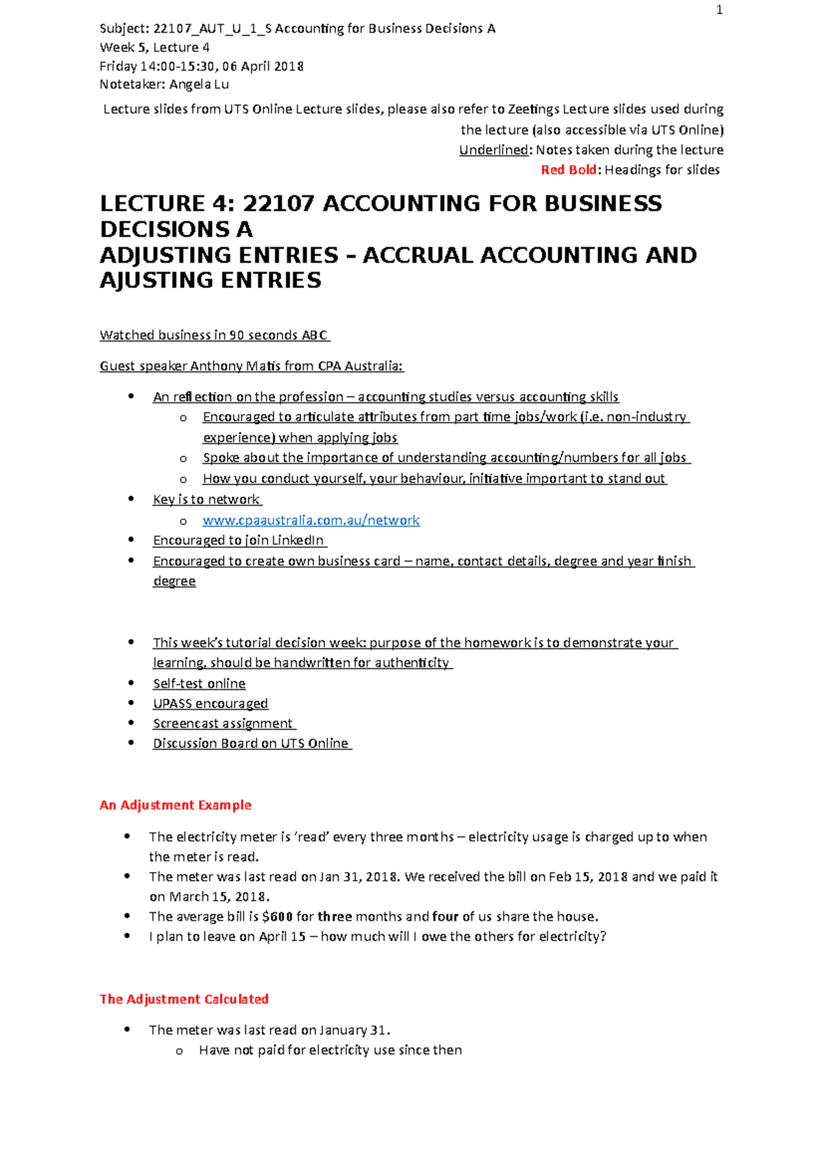 Lecture 4 Adjusting Entries Lecture Notes Subject 22107_AUT_U_1_S Accounting for Business