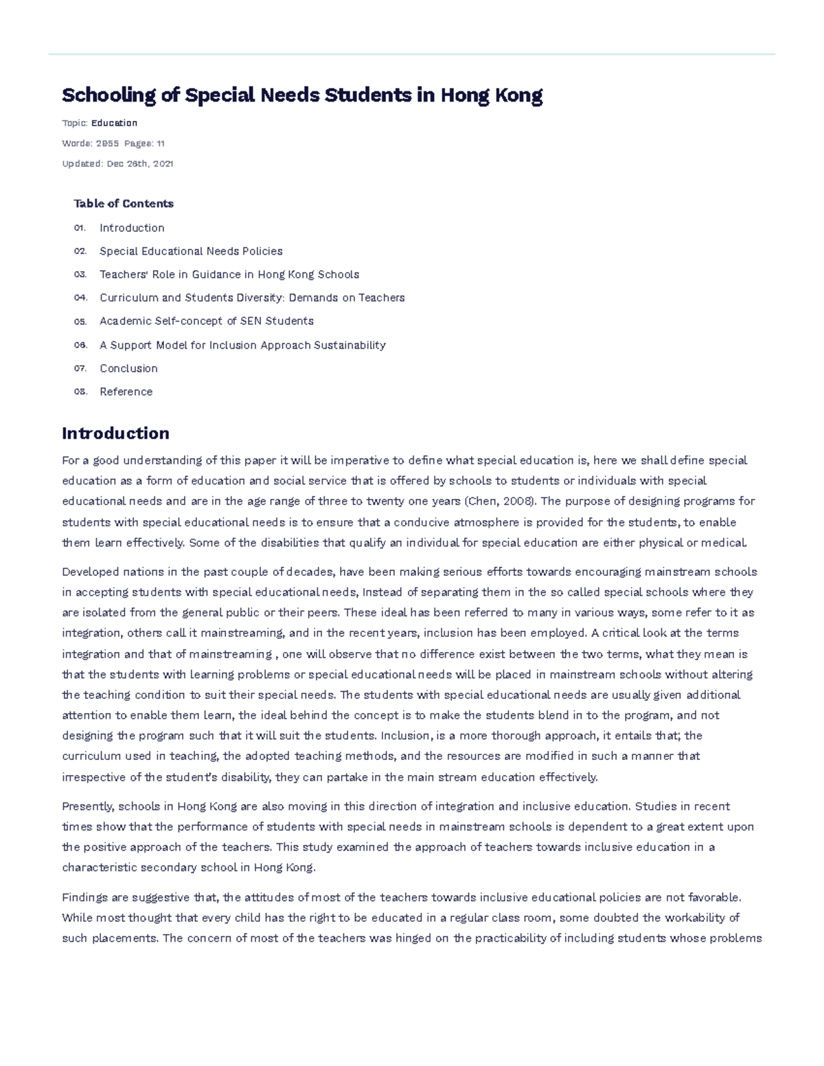 Schooling of Special Needs Students in Hong Kong Free Essay Example