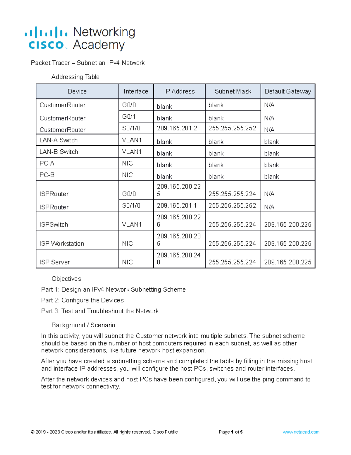 11.5.5 Packet Tracer - Subnet An IPv4 Network - Addressing Table Device ...