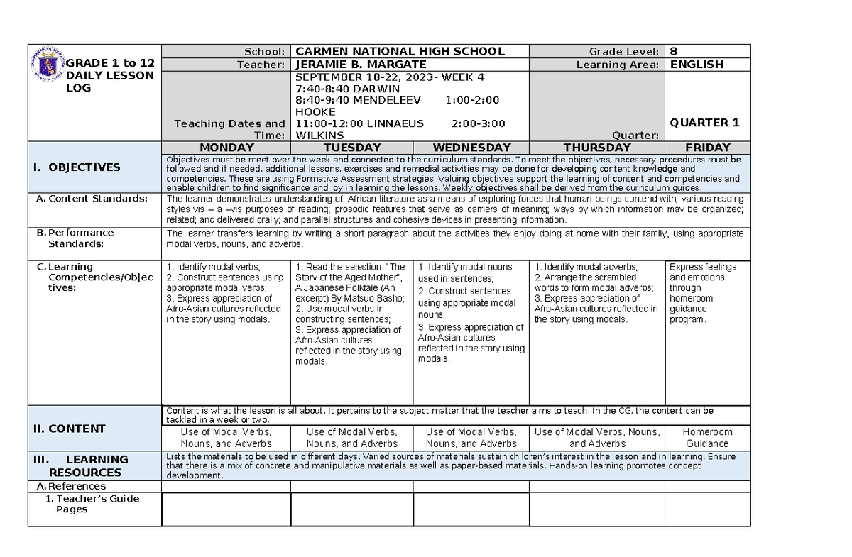 DLL-ENG8-1st Q-Sept.18-22, 2023 - GRADE 1 to 12 DAILY LESSON LOG School ...