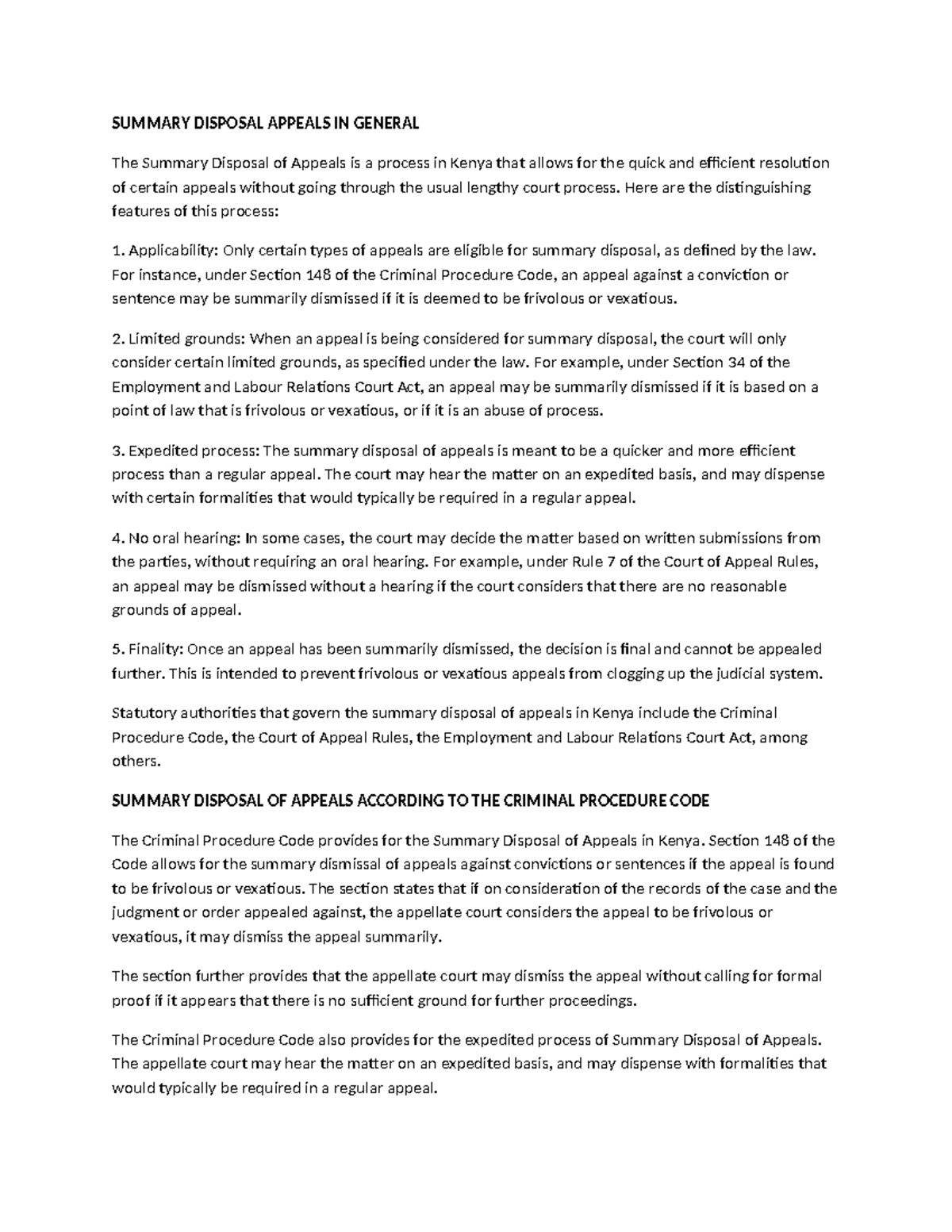 Summary Disposal Appeals SUMMARY DISPOSAL APPEALS IN GENERAL The