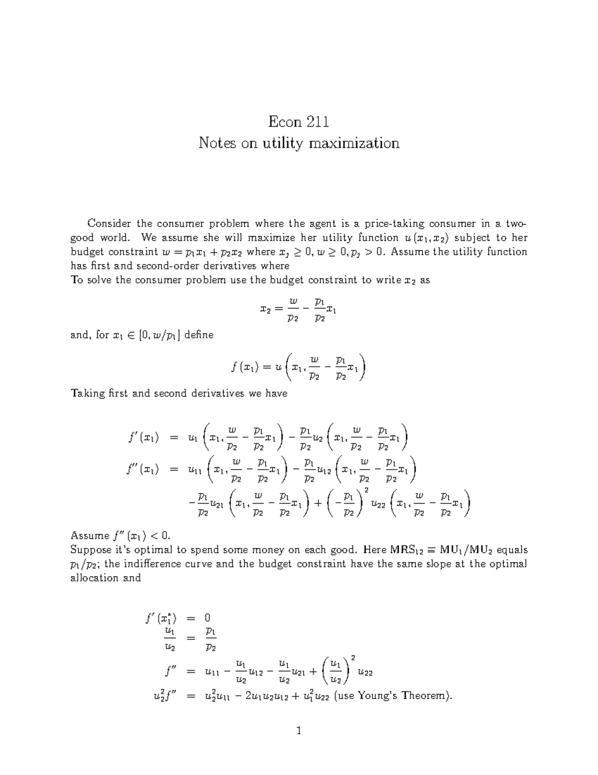 Notes on utility maximization - We assume she will maximize her utility ...