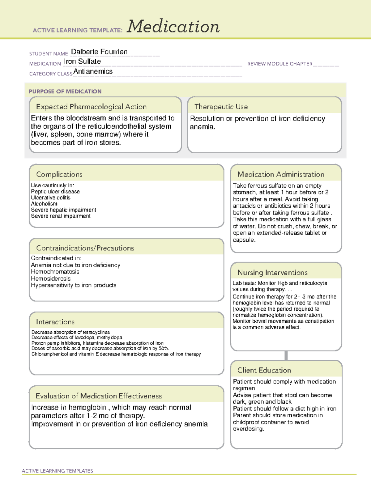 ATI Medication Iron Sulfate ACTIVE LEARNING TEMPLATES Medication 