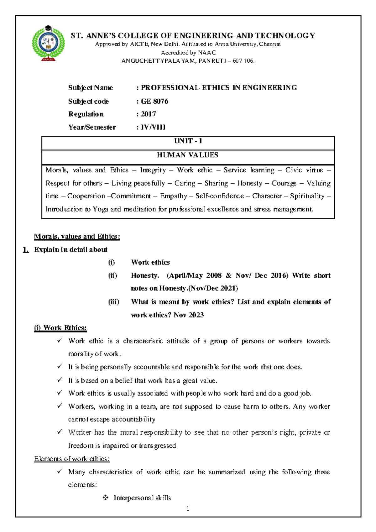 GE8076- Professional Ethies IN Engineering-1640636808-PEE Notes 2024 ...
