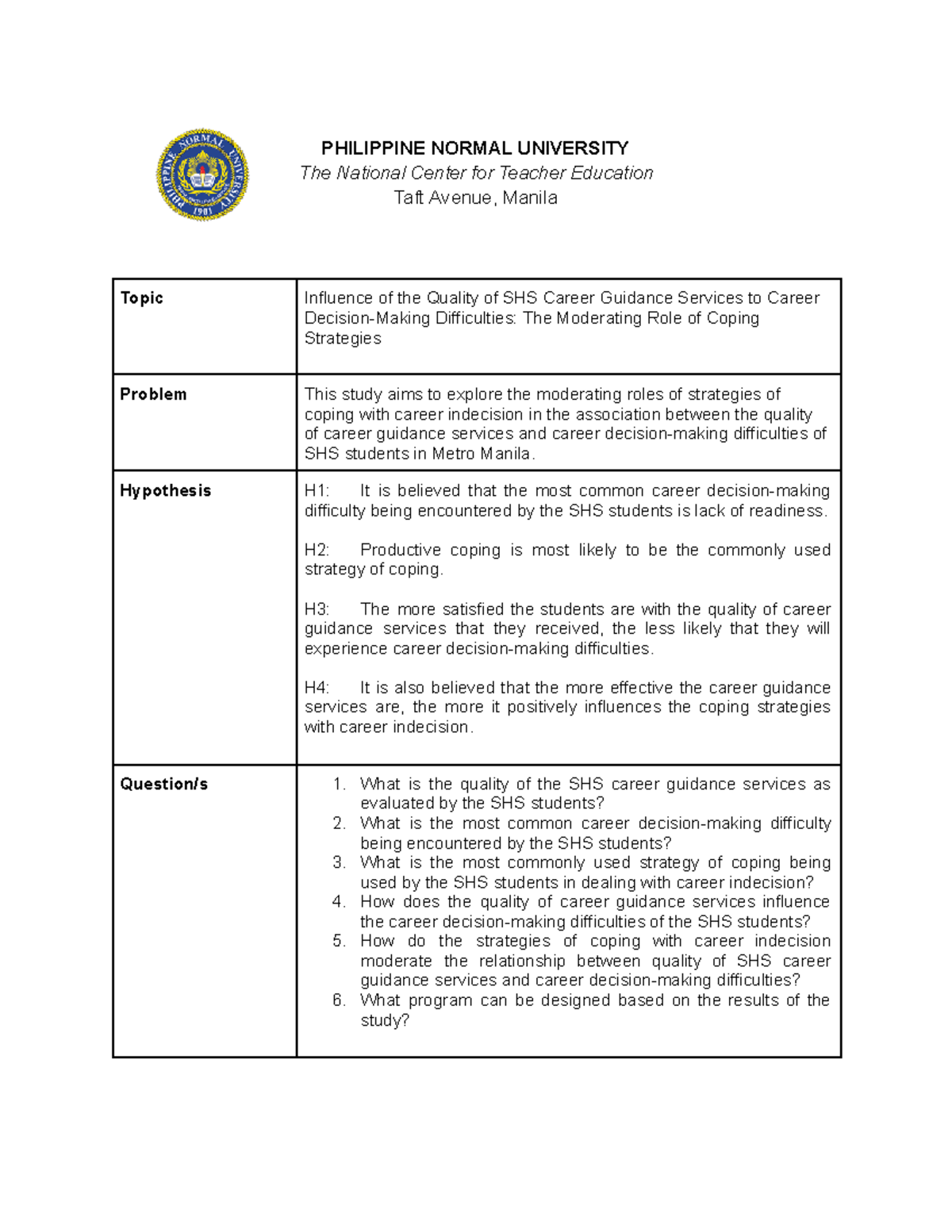 Research Outline - Career Guidance Services - PHILIPPINE NORMAL ...