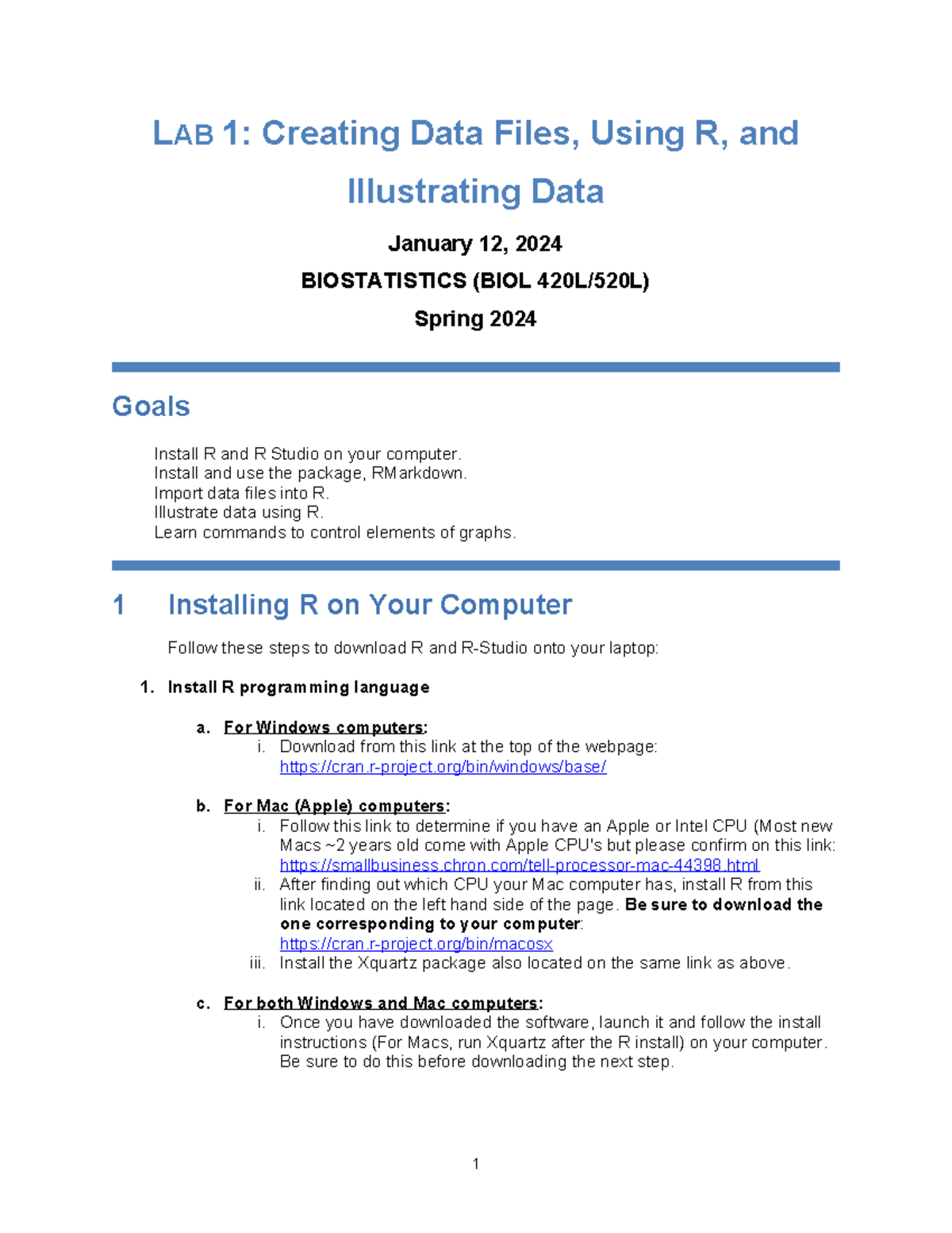 Lab 01 worksheet S24 rev - LAB 1: Creating Data Files, Using R, and ...