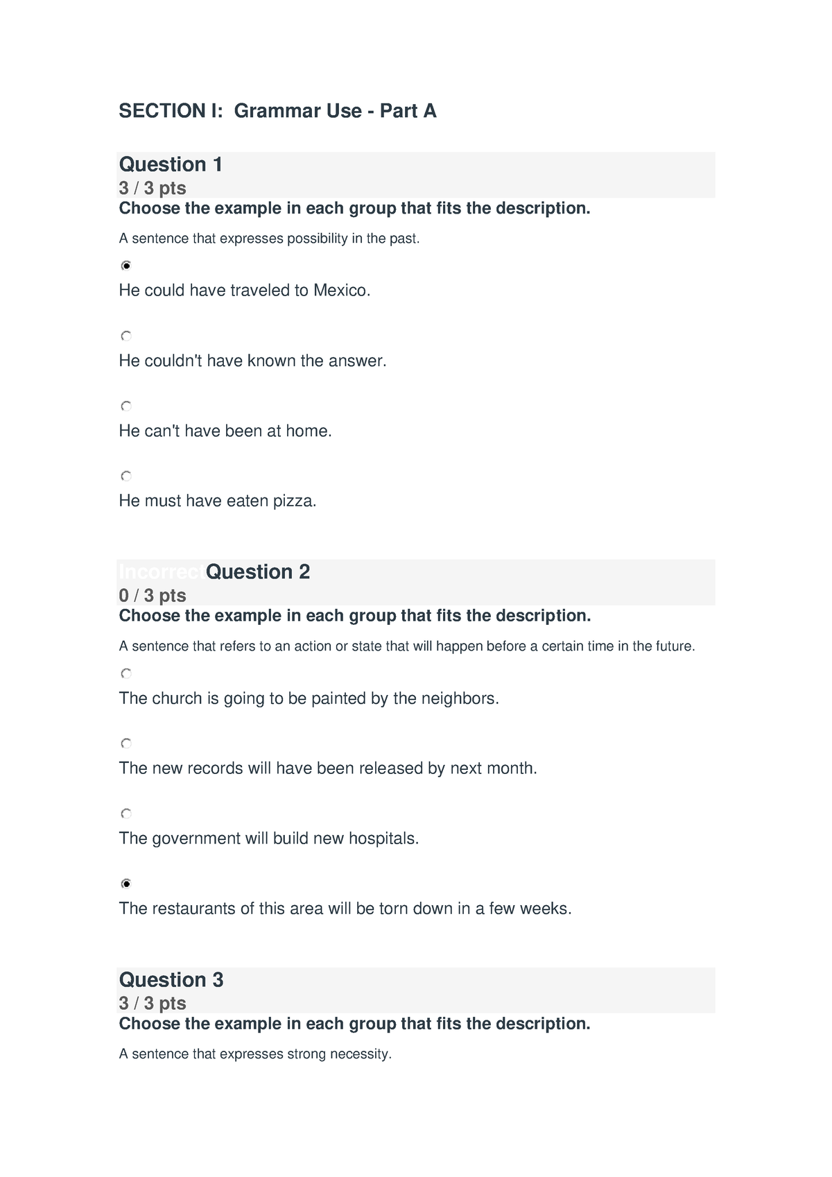 ORACIONES AVANZADO - SECTION I: Grammar Use - Part A Question 1 3 / 3 ...