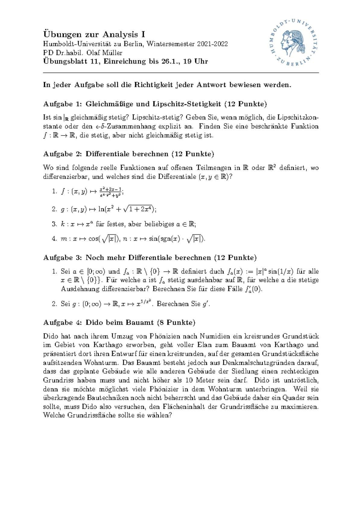 Analysis 1 Übungsblatt 11 - Ubungen Zur Analysis I ̈ Humboldt-Universit ...