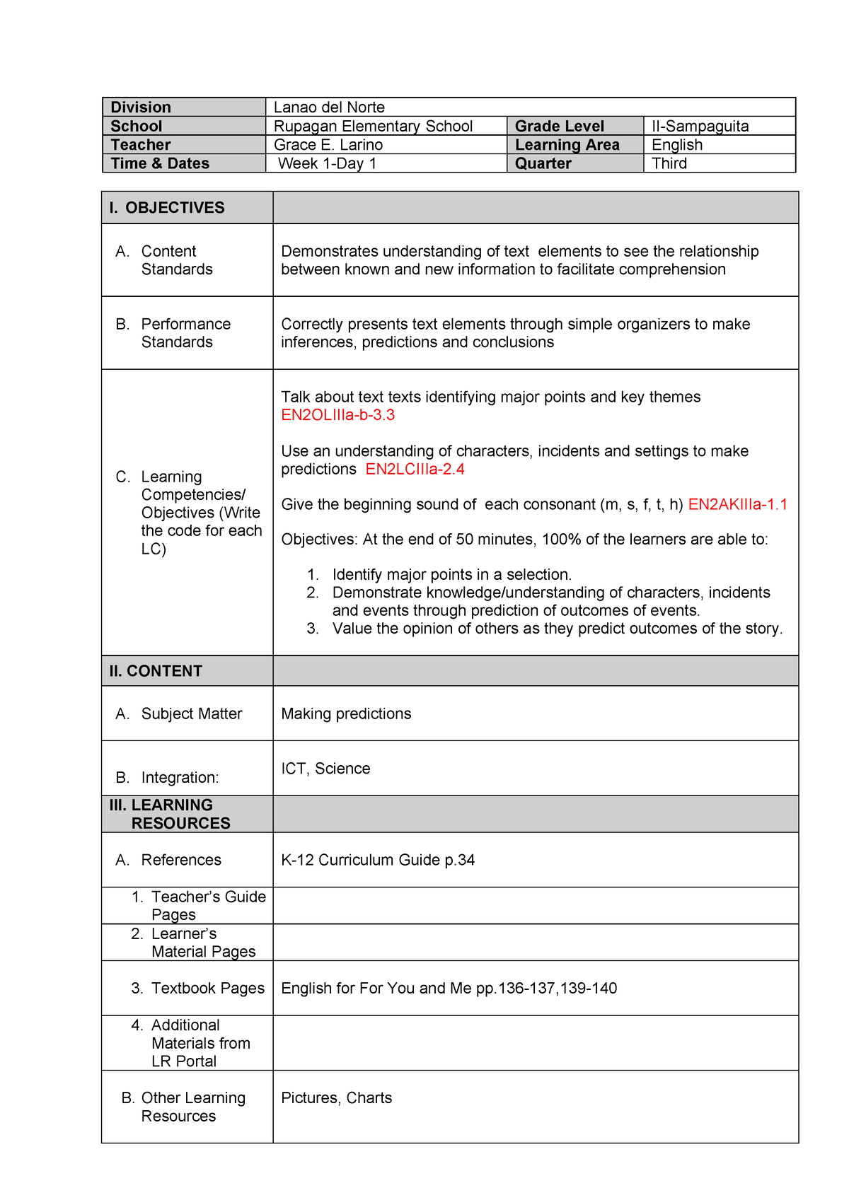 Lesson Plan January - Division Lanao Del Norte School Rupagan 