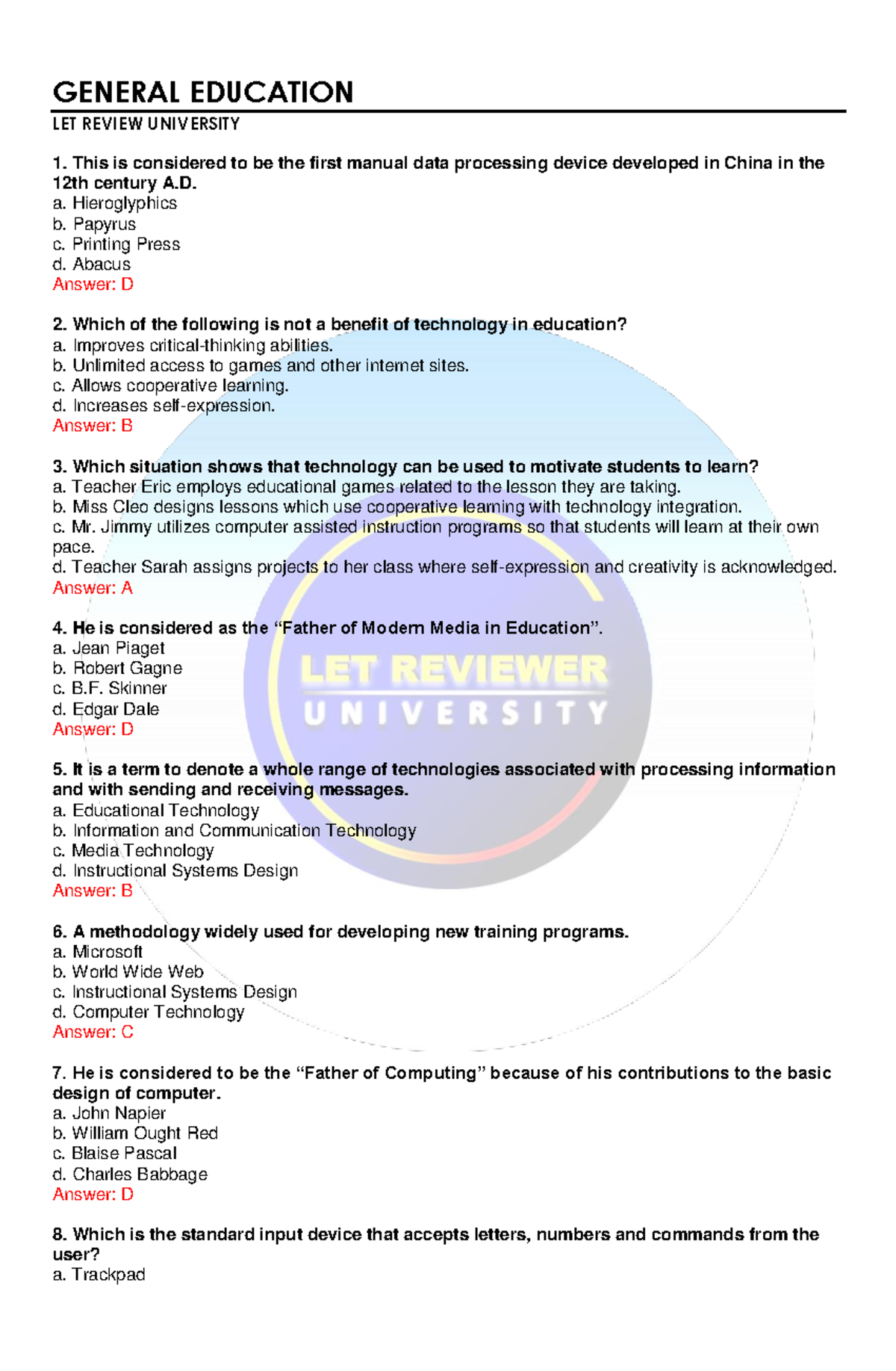 General Education C - GENERAL EDUCATION LET REVIEW UNIVERSITY This is ...
