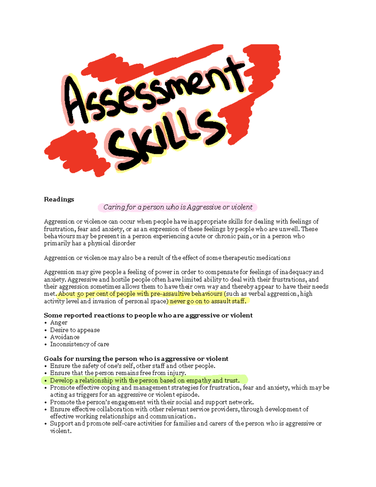 Week 4 Assessment skills Readings Caring for a person who is