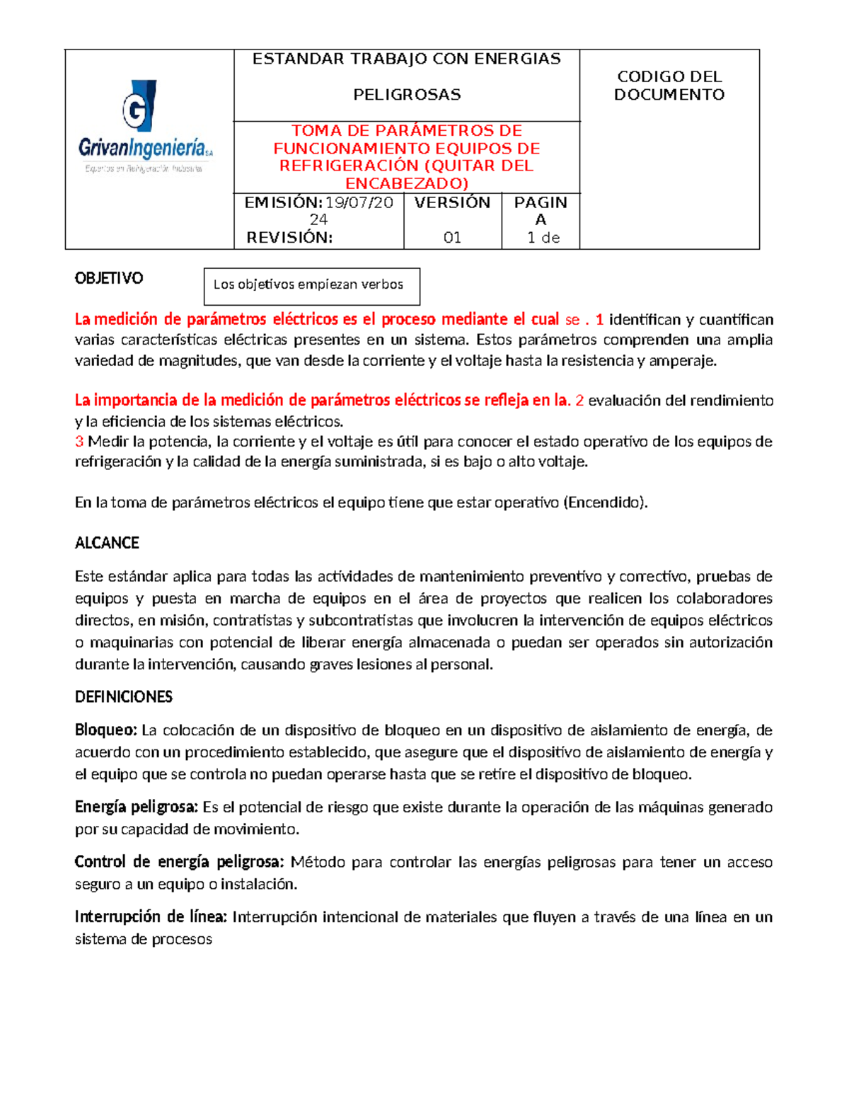 Estandar Toma De Parametros - PELIGROSAS CODIGO DEL DOCUMENTO TOMA DE
