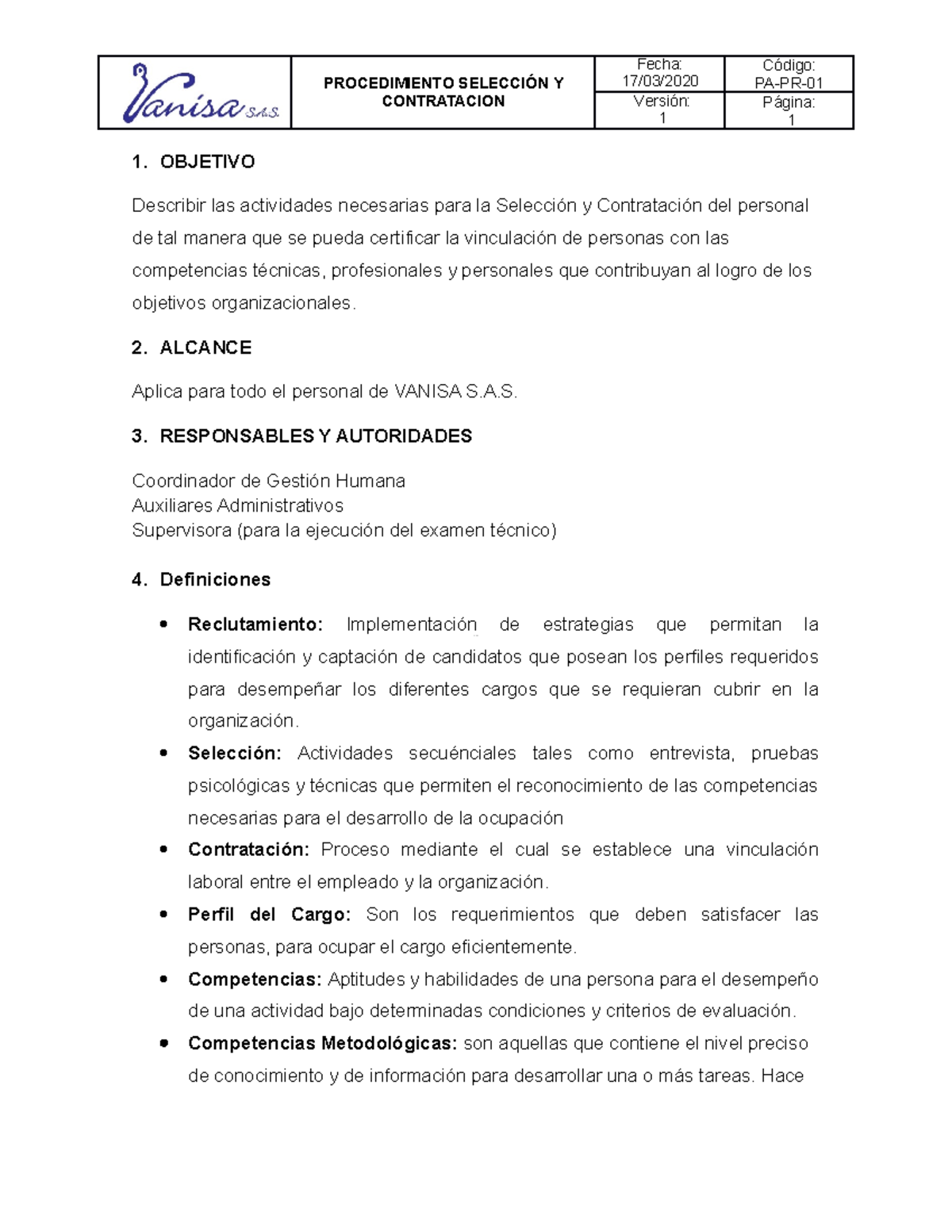 PA-PR-01 Procedimiento Seleccion Y Contratacion - PROCEDIMIENTO ...