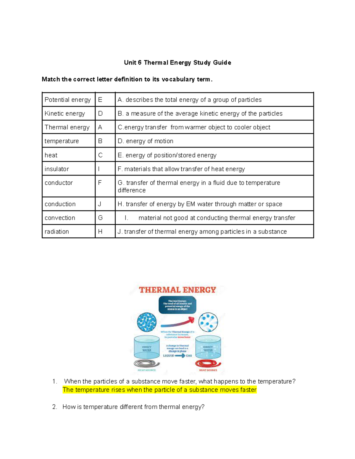 Unit 6 Thermal Energy Study Guide - Unit 6 Thermal Energy Study Guide 