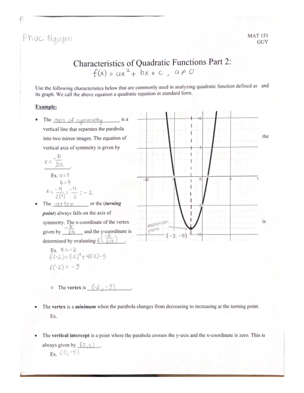 Characteristics Of Quadratic Functions MAT151 Studocu