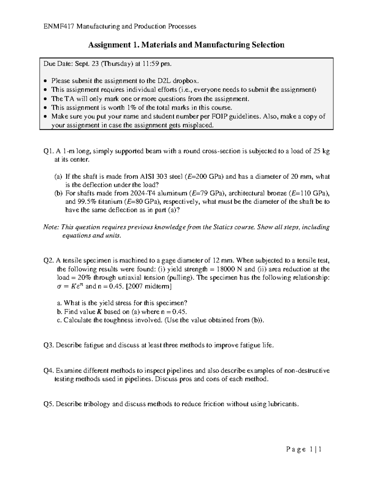 Assignment 1 - ENMF417 Manufacturing and Production Processes P a g e 1 ...