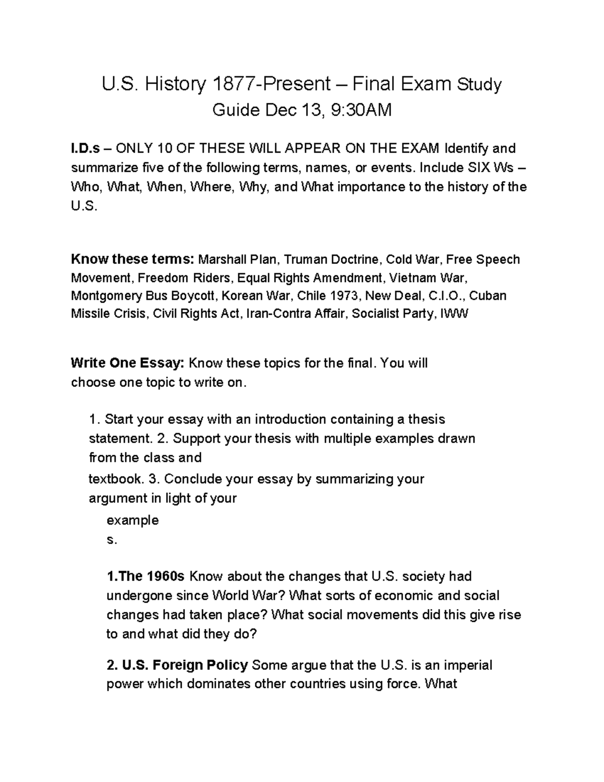 7b study guide - U. History 1877-Present – Final Exam Study Guide Dec ...