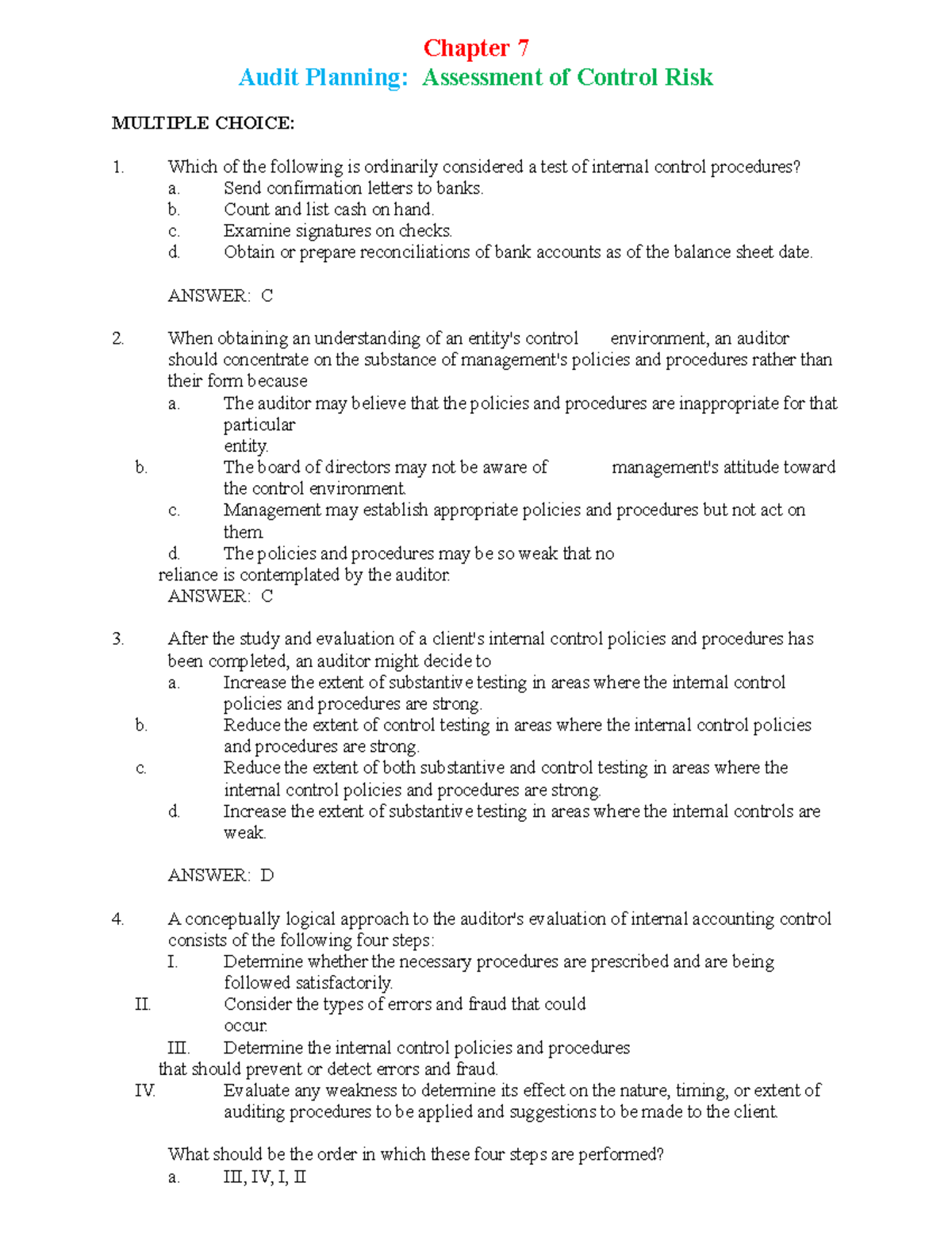 Ch07 Audit Planning Assessment - Chapter 7 Audit Planning: Assessment ...