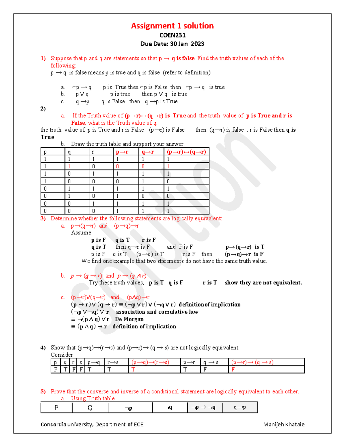 Assignment 1 Solutions - COEN Due Date: 30 Jan 2023 Suppose that p and ...