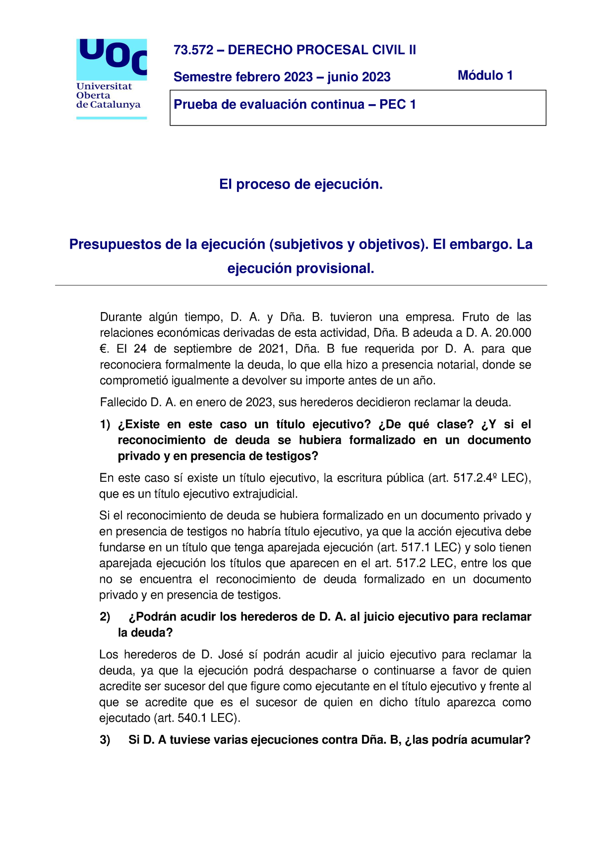 73572 PEC1 Soluciones - 73 – DERECHO PROCESAL CIVIL II Semestre Febrero ...