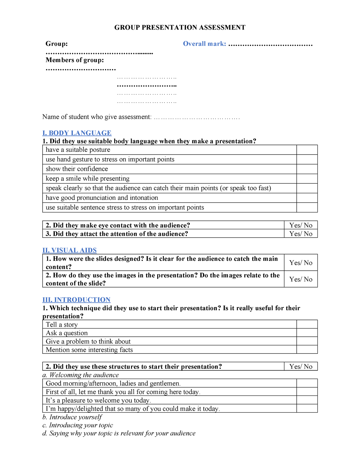 Presentation Assessment - GROUP PRESENTATION ASSESSMENT Group: - Studocu